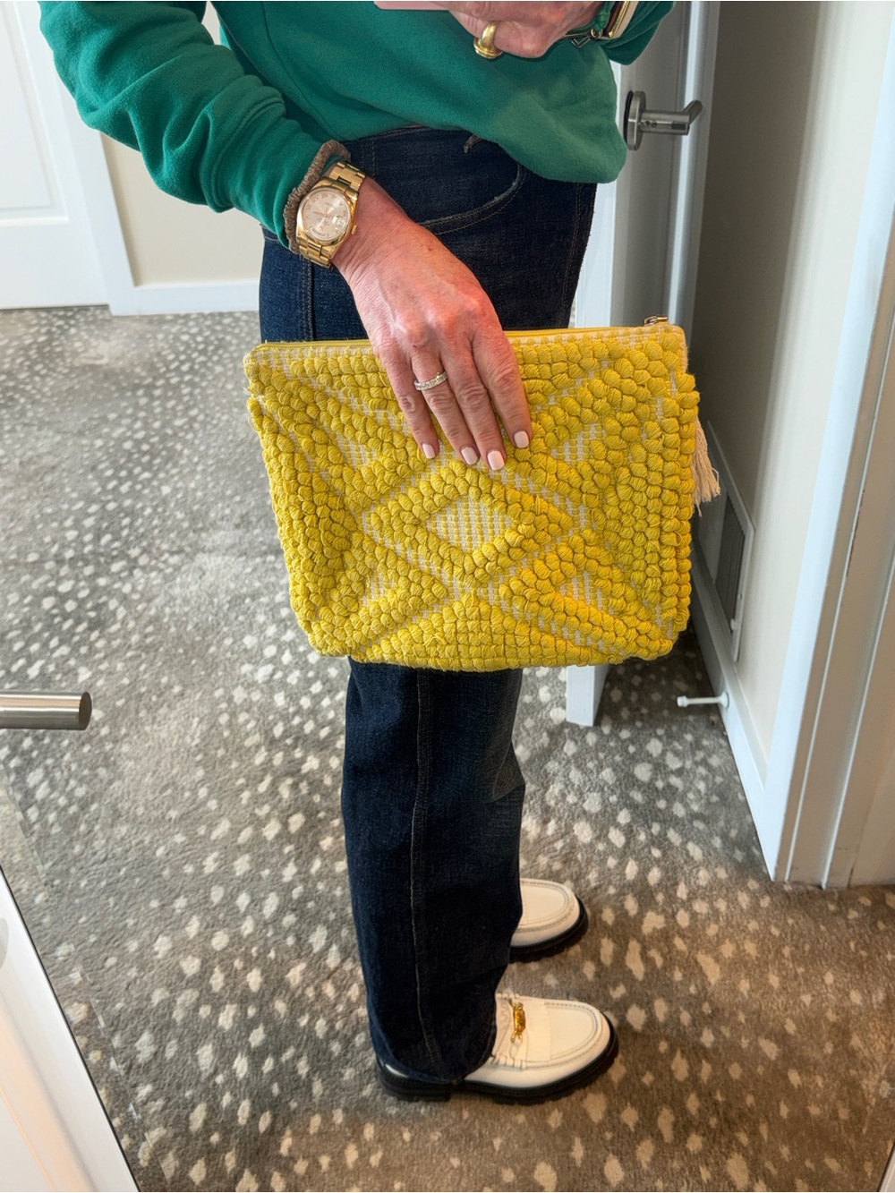 Roberta Roller Rabbit Mustard Yellow Macramé woven yellow cream Clutch